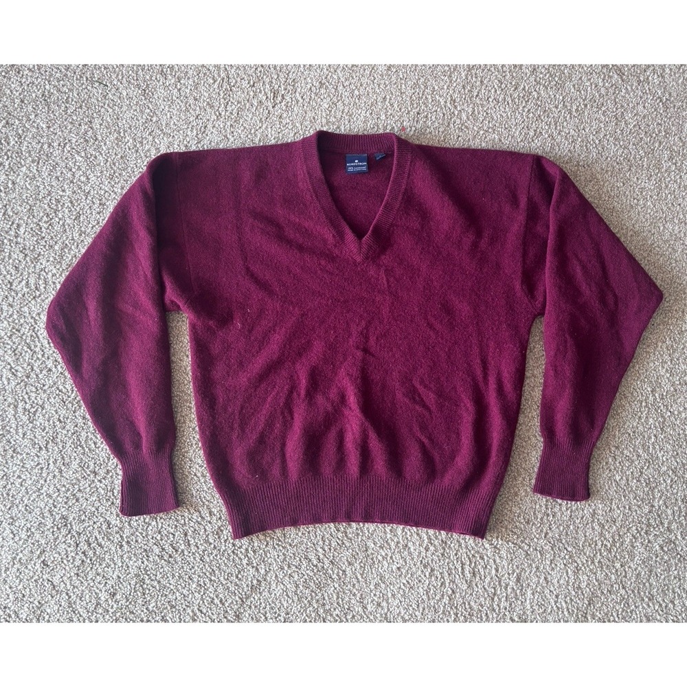 Vintage Y2K Nordstrom Mens Large Wool V Neck Sweater Maroon Red Preppy Academia